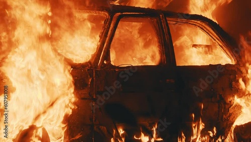 View of a car engulfed in flames at night. Burning car body, seriously damaged by fire. Melted tires, extreme heat, tongues of flame. Detonated vehicle, catastrophic car accident