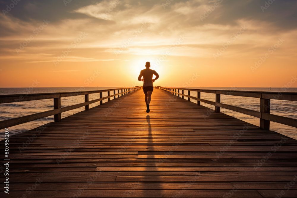 Fototapeta premium Man running on wooden boardwalk in sunrise seaside. Sports lifestyle. Generative AI