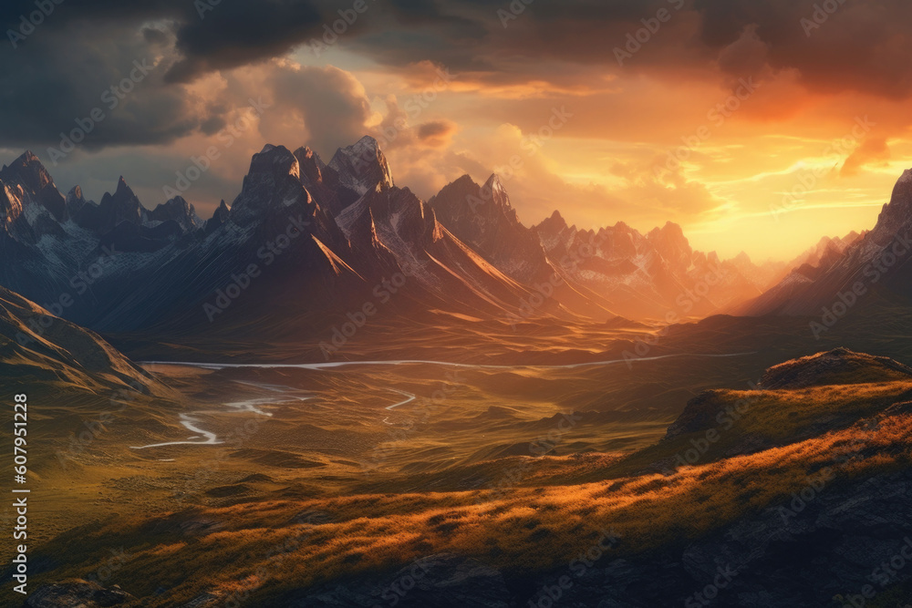 A panoramic view of a mountain under the golden sunset. Generative AI