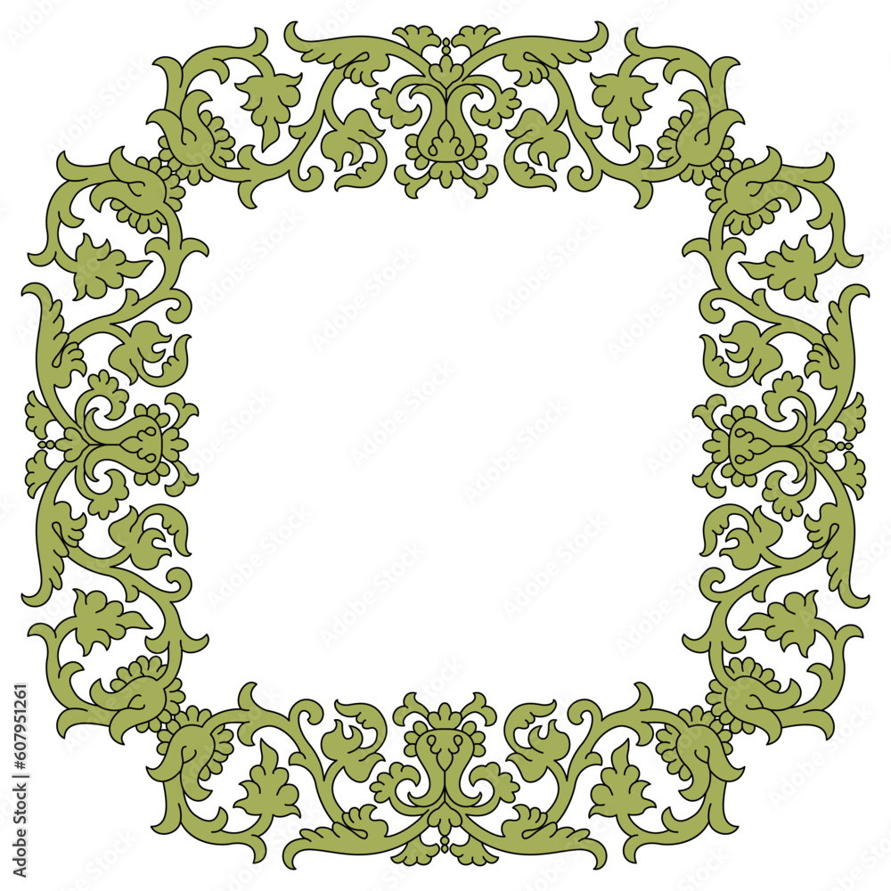 Rectangular botanical frame. Square floral border ornament with leaves and vines. Vintage folk style. Isolated vector illustration. Green decorative element. On white background.