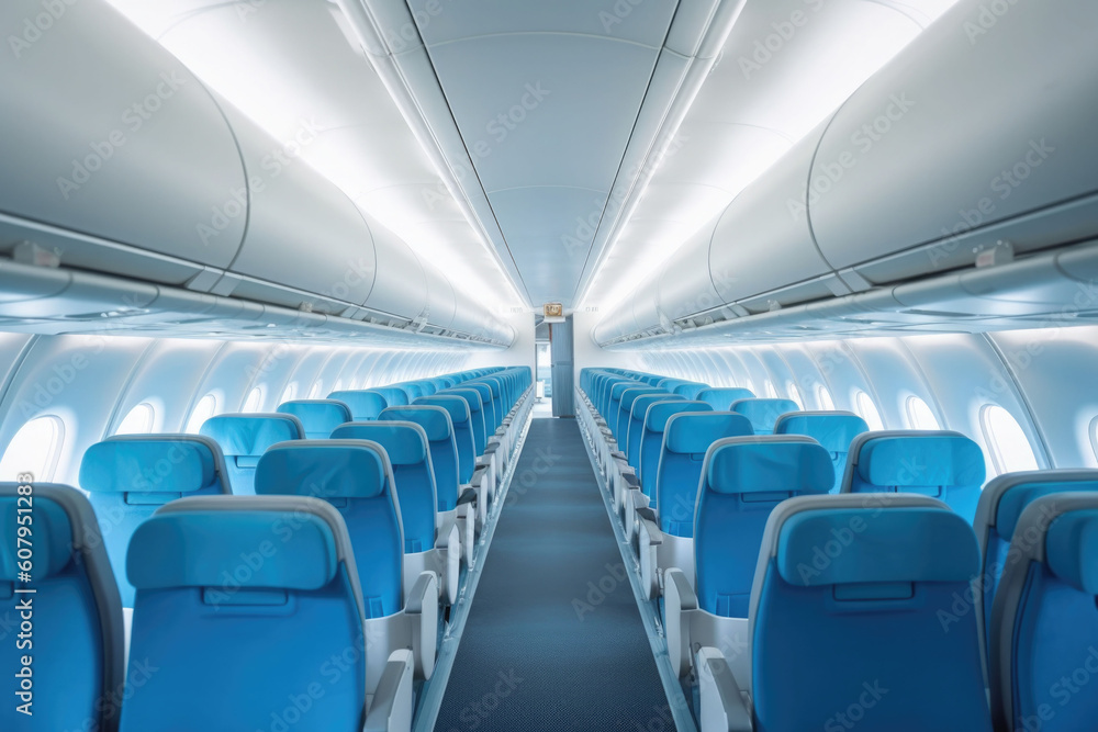 Interior of modern aircraft with flight seats and hallway in daytime during flight. Generative AI Interior of modern aircraft with flight seats and hallway in daytime during flight. Generative AI
