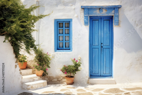 Blue door on a whitewashed Greek house. Mediterranean style. Generative AI