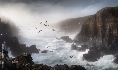  a flock of birds flying over a rocky coastline on a foggy day. generative ai