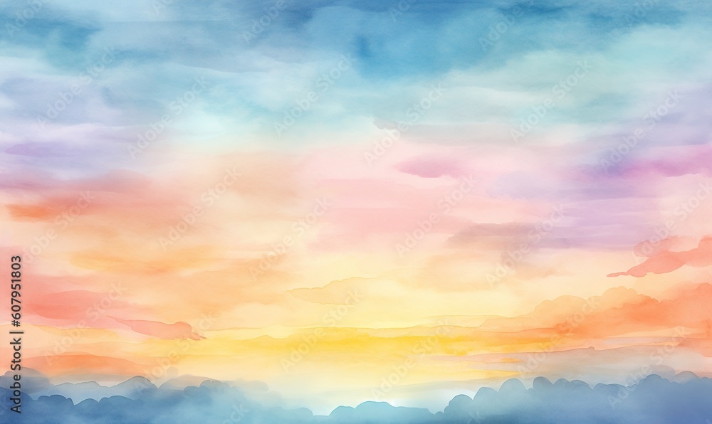  a painting of a colorful sky with clouds and mountains in the background.  generative ai