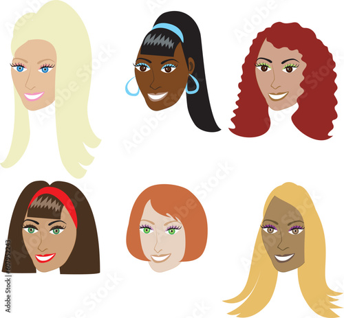 Vector Illustration set of 6 types of hair extentions such as weaves and wigs on a diverse set of women. Also available in straight styles or natural African-American and real hair styles.