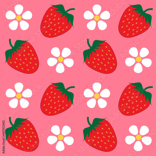 Strawberry and flowers seamless wallpaper vector illustration background