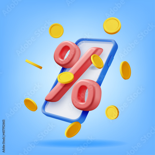 3D Realistic Percent Sign Icon with Coins in Smartphone. Render Money, Finance or Business Concept. Percentage, Sale, Discount, Promotion and Shopping Online Symbol. Coupon Bonus. Vector Illustration