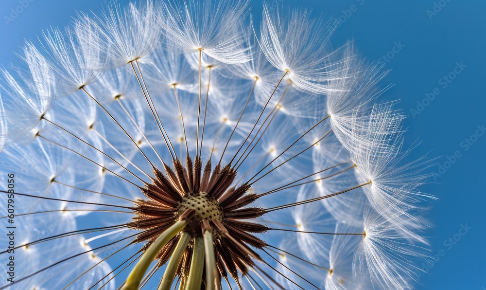 Naklejka premium a close up of a dandelion with a blue sky in the background. generative ai