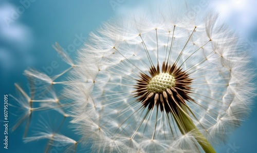  a close up of a dandelion with a blue sky in the background.  generative ai