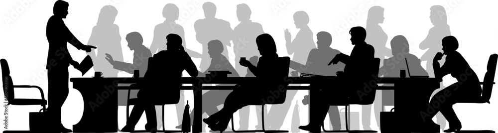 Editable vector foreground silhouette of people in a meeting with all figures and other elements as separate objects