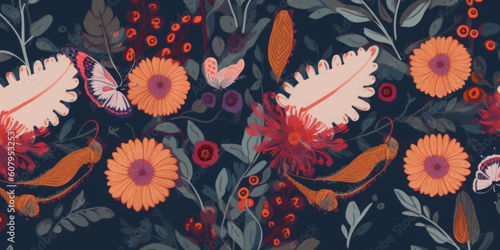 Hand drawn floral ethnic style pattern with butterflies. Dynamic abstract fashionable template for design, Generative AI Hand drawn floral ethnic style pattern with butterflies. Dynamic abstract fashionable template for design, Generative AI
