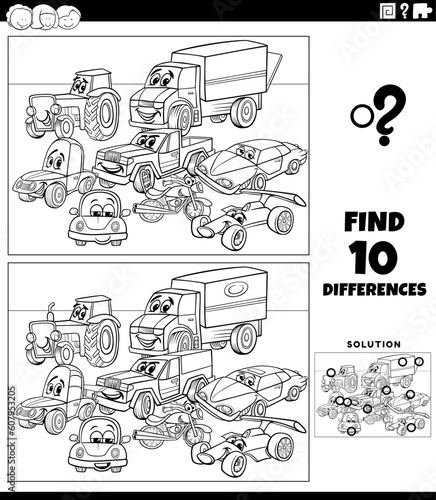 differences game with cartoon cars coloring page