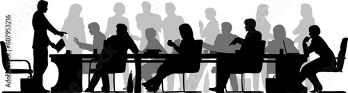 Editable vector foreground silhouette of people in a meeting with all figures and other elements as separate objects