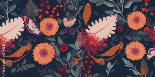 Hand drawn floral ethnic style pattern with butterflies. Dynamic abstract fashionable template for design, Generative AI