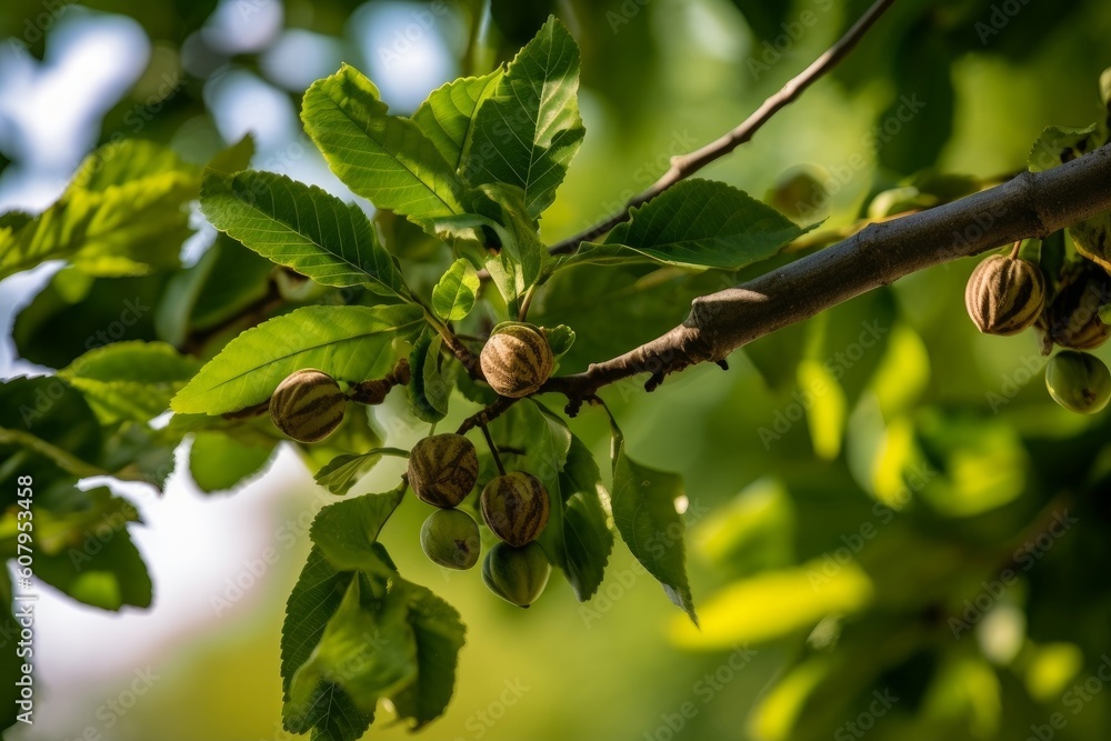 walnut tree with leaves and clusters of walnuts hanging from branches