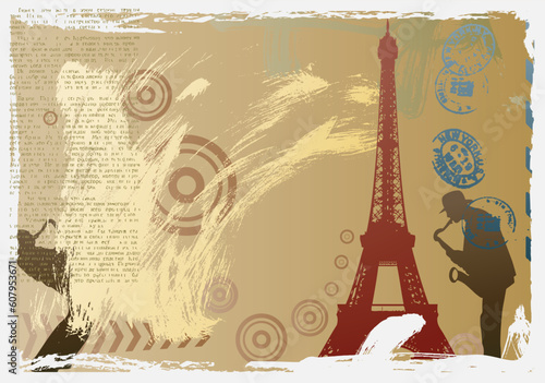 vector post card design with eiffel tower and saxophonist