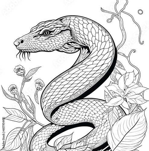 Clean lines doodle design of Cobra snake for adult coloring page for adults 