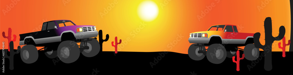 monster truck desert banner, vector illustration