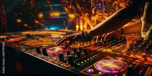 DJ Hands creating and regulating music on dj console mixer in concert outdoor, psychedelic lights and laser background