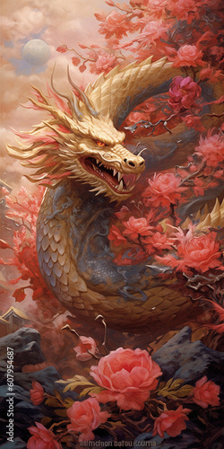 Year of the dragon vertical banner art. Generative AI illustration © JoelMasson