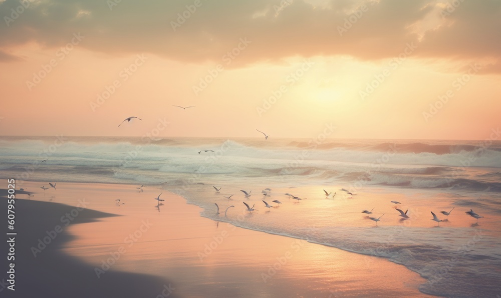  a flock of seagulls flying over the ocean at sunset.  generative ai