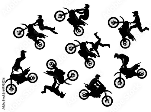 Isolated motocross rider jump vector set