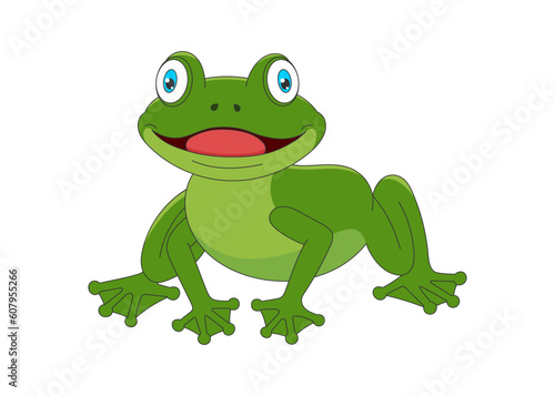 Cute cartoon funny green frog with big eyes and wide mouth. Kind drawing smiling baby amphibian. Creative graphic hand drawn print. Vector eps illustration