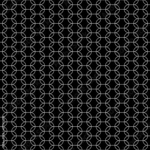Black figures tessellation on white background. Image with oval and hexagonal shapes. Ethnic mosaic tiles motif. Ancient seamless surface pattern design with interlocking circular oriental ornament.