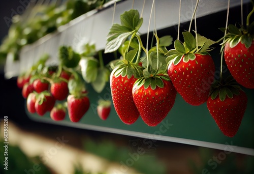 Red strawberry plants on the branches in an ecological greenhouse. Generative AI.