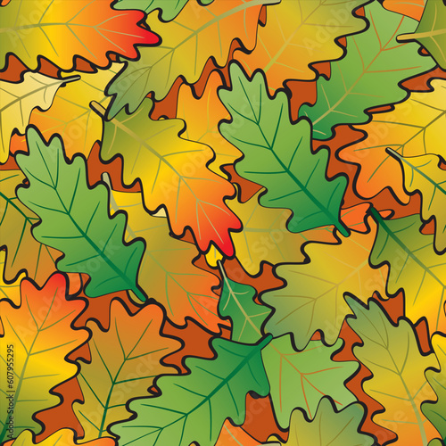 Oak leaf abstract background. Seamless. Orange - green palette. Vector illustration.