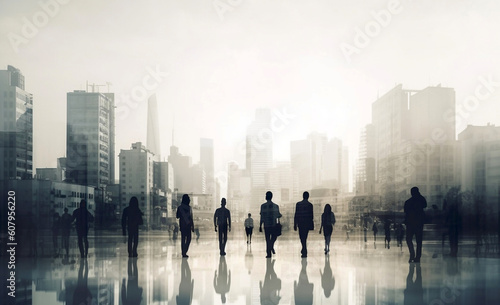 Silhouettes of people walking in the city. Sun light and modern skyscrapers at the background. Business concept AI generative illustration 