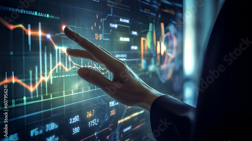 Hand of businessman typing on Touchscreen, controlling and monitoring progress. neon lines and graphs, data, global market information. Technology and business concept AI generative illustration 