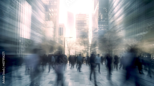 Walking people blur in City, crowd of people walking between skyscrapers, modern life concept AI Generative illustration