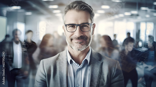 Attractive successful businessman portrait  businessman looking to camera  smiling. Business team at the background. AI generative illustration