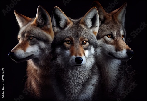 Three wolves on a black background. Generative AI.