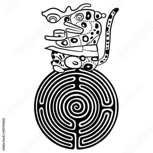 Stylized jaguar sitting on a round spiral maze or labyrinth symbol. Native American ethnic animal design of Maya Indians. Black and white silhouette.