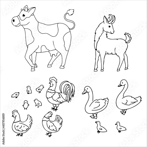 Spotted cow, Gray goat, Rooster, Chicken, Chickens, Geese. Set of animals. Farm animals. Cattle breeding Vector illustration isolated on white background.