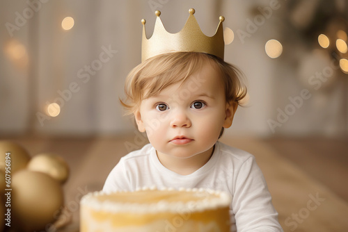 Portrait of an adorable little boy wearing a prince crown celebrating his first birthday, luxury, cake and pastel studio decor. Generative AI. photo