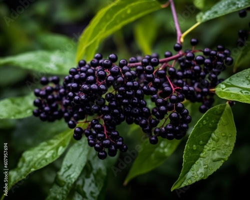 elderberries on a branch with lush green leaves