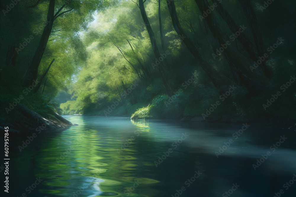 A calm river running through a forest Generative Ai