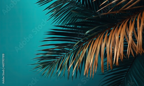  a close up of a palm leaf against a blue background. generative ai