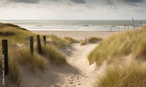  a sandy beach with grass and a fence leading to the ocean. generative ai