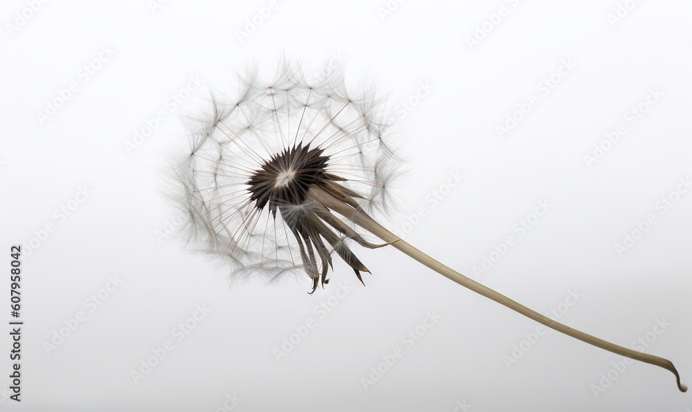  a dandelion blowing in the wind on a white background.  generative ai