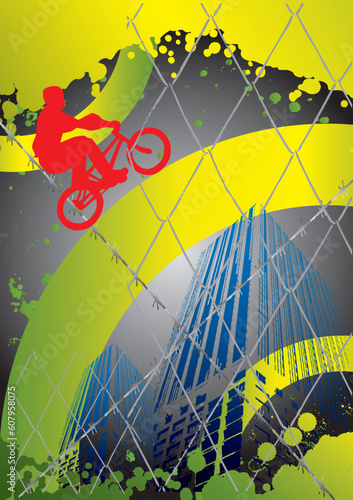 guy with bmx jumping over town illustration