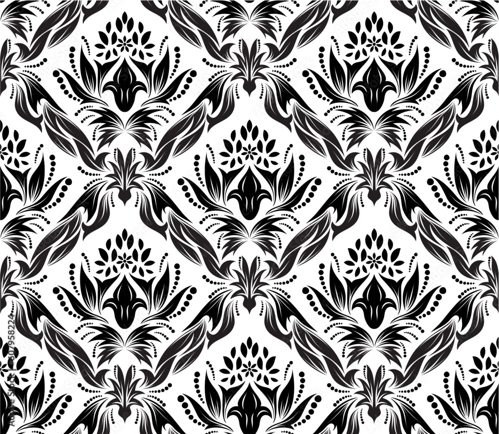 Damask seamless vector background. For easy making seamless pattern just drag all group into swatches bar, and use it for filling any contours. Damask seamless vector background. For easy making seamless pattern just drag all group into swatches bar, and use it for filling any contours.