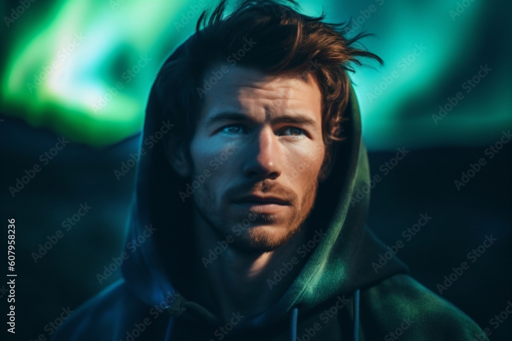 attractive man with beard and green hoodie created with Generative AI technology attractive man with beard and green hoodie created with Generative AI technology