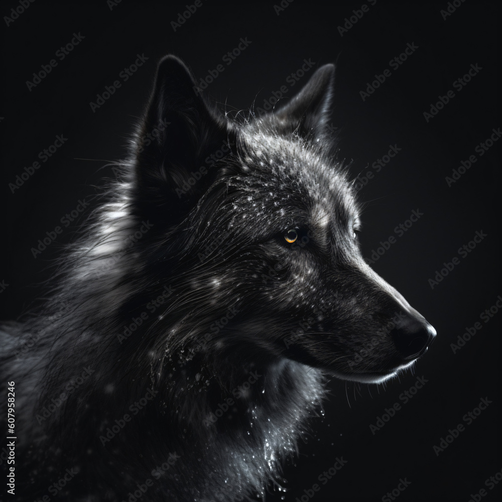 A low key black and white portrait of a wolf isolated on a black background Generative Ai A low key black and white portrait of a wolf isolated on a black background Generative Ai