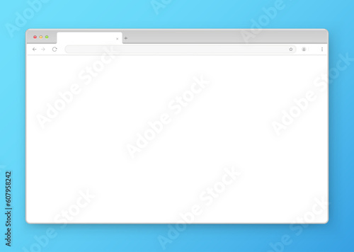 Web browser window design on a blue background. Vector frame of a website template with a shadow. An empty layout of the website's computer screen with a search bar and buttons. Vector illustration