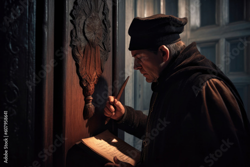Foto Martin Luther nailing his 95 Theses to the door of the castle church in Wittenbe