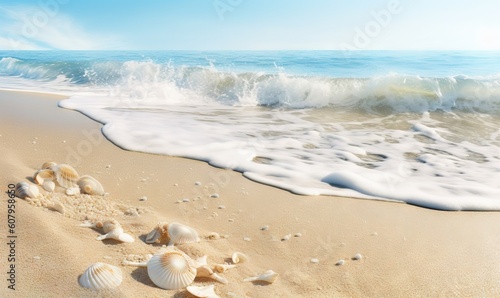  a sandy beach with a wave coming in to shore and shells on the sand. generative ai